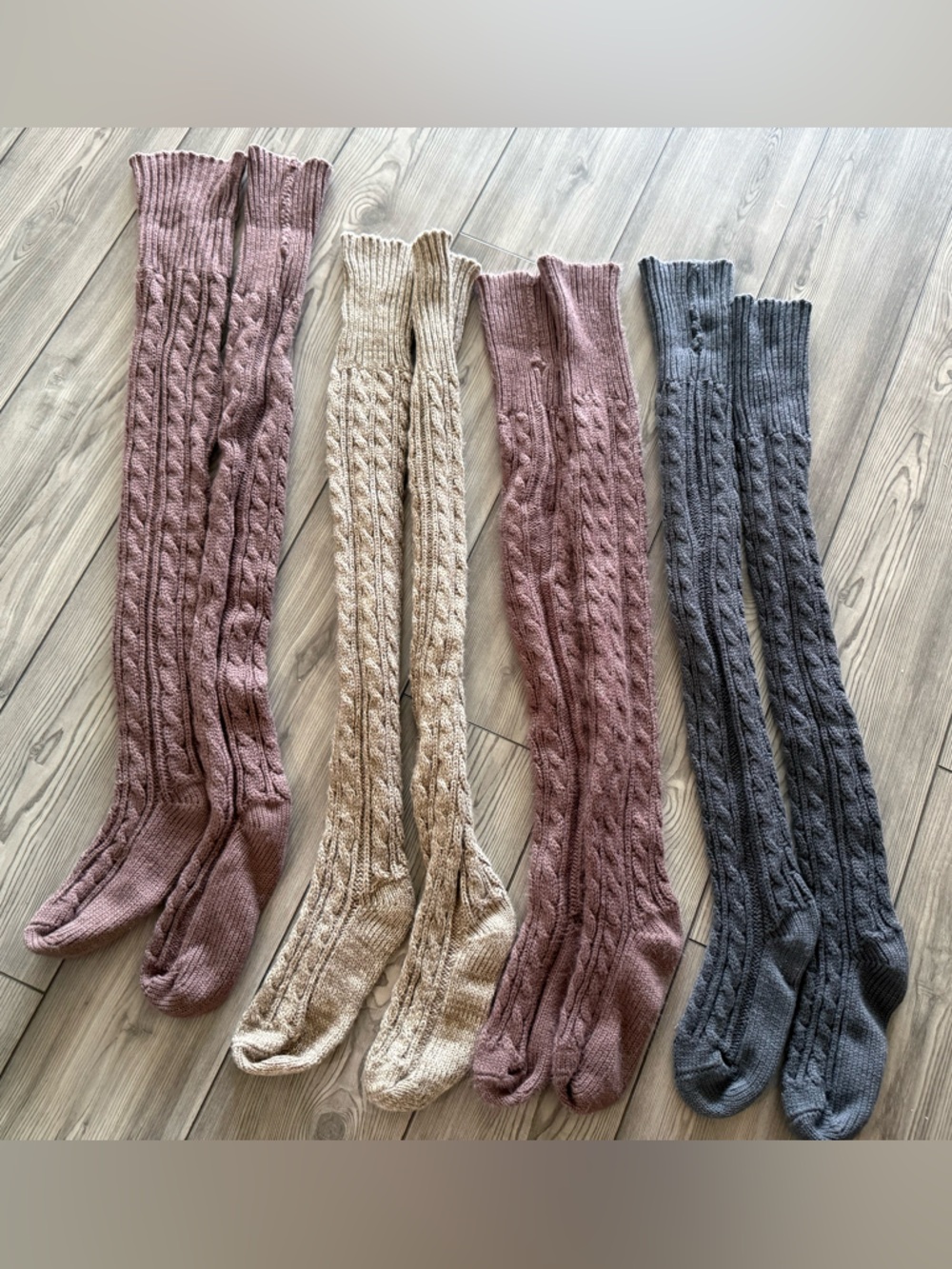 Free People Cable Knit Over-the-Knee Socks in Mauve, Cream & Charcoal